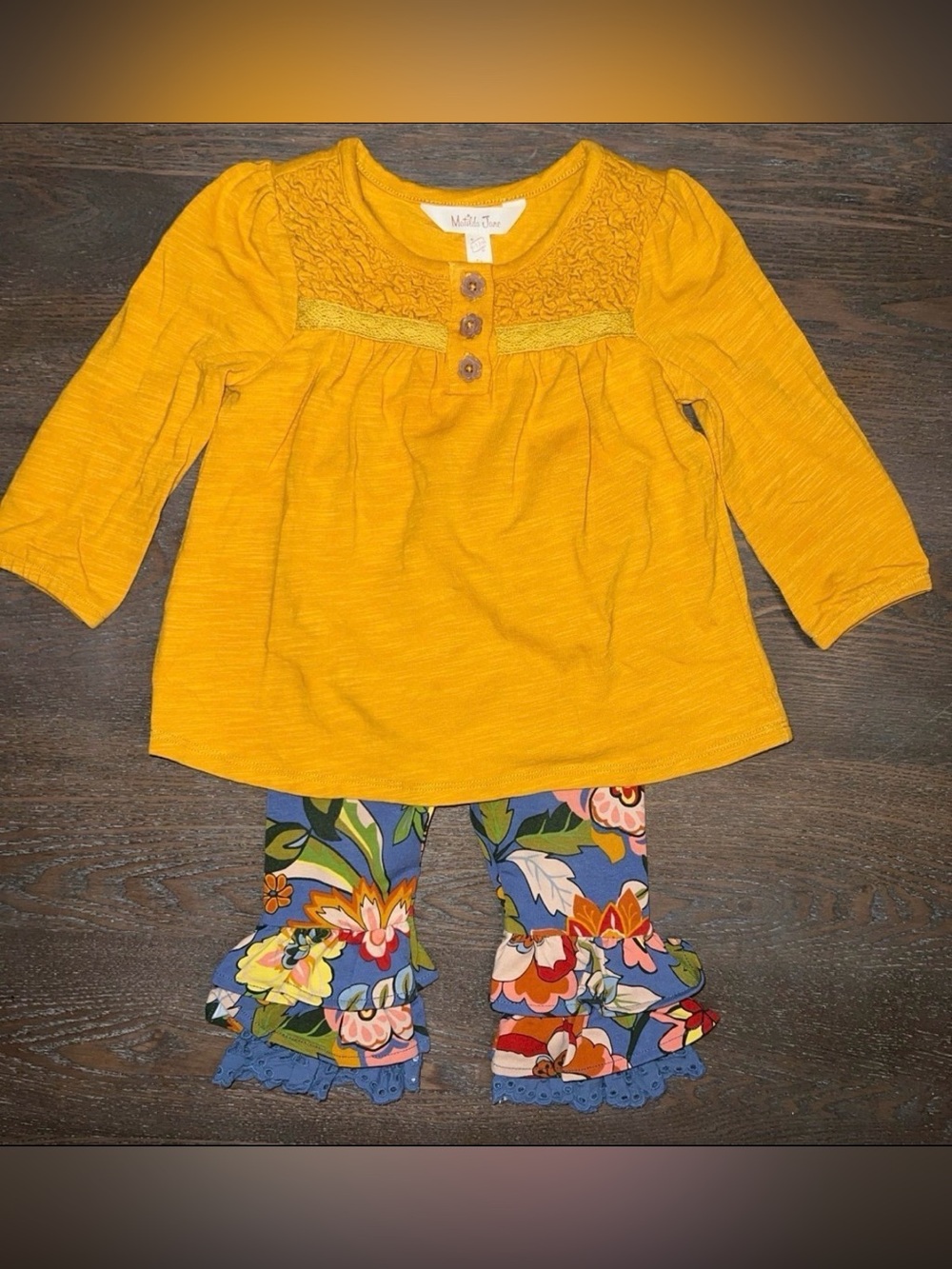 Matilda Jane Mustard Yellow Top & Blue Floral Ruffle Bennys 2 Piece Set Bundle